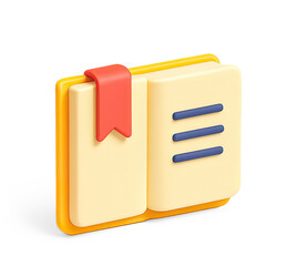 A yellow and orange book with a red bookmark, open to the first page, against a transparent background