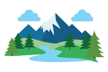Stylized Mountain Landscape Pine Trees, River, Hills, Clouds, and Snowy Peaks Art