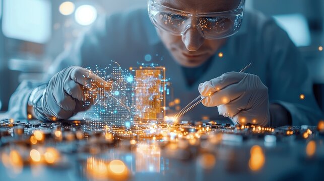Innovative research action in technology lab electronics development close-up focus futuristic environment
