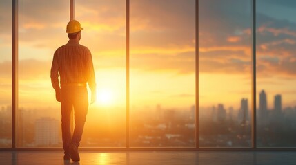 Sunset reflection construction worker in urban landscape inspirational mood indoor setting rear view