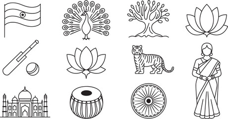 Traditional Indian Culture Icons Displaying Landmarks, Animals, and Cultural Elements. © fay009