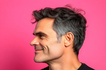 Fototapeta premium Pink solid background. Fashionable men's classic short back and sides haircut - midlife white man with black hair. A relaxed and poised man showing grace. Creative of style for aging men.