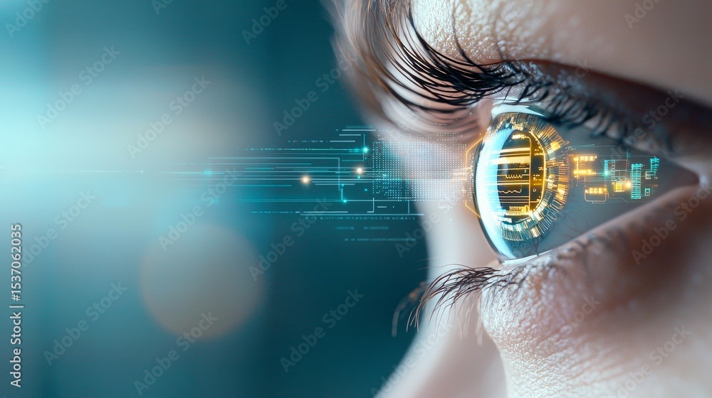 Poster exploring the future of vision eye technology advancements digital realm computer graphics futuristi