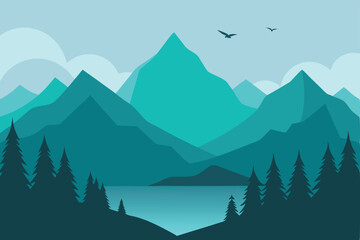 Fototapeta premium Teal Layered Mountain Landscape with Evergreen Trees, Lake, and Birds Silhouette