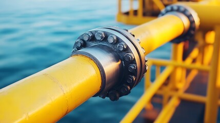 Close-up Yellow Offshore Pipeline Flange Connection