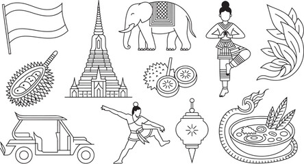 Obraz premium Thai Culture Line Icons Featuring Landmarks, Animals, and Traditional Symbols.
