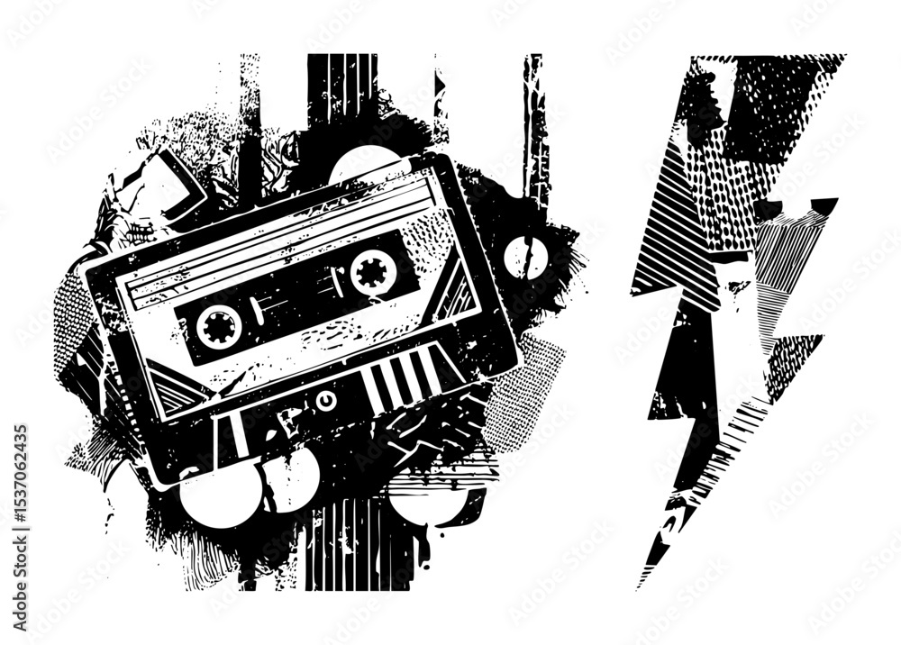 Poster vector distressed cassette tape with abstract geometric shapes.