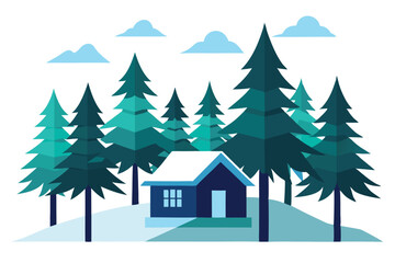 Winter Cabin with SnowCovered Roof Surrounded by Evergreen Trees and Clouds