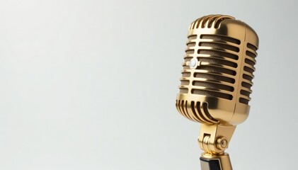 Fototapeta premium Close-up of a single gold microphone on white background, professional, isolated