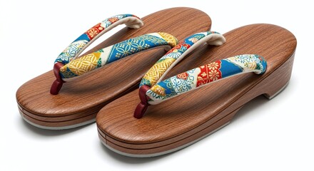 Traditional Japanese geta sandals made from wood and fabric, isolated on white background. Generative AI