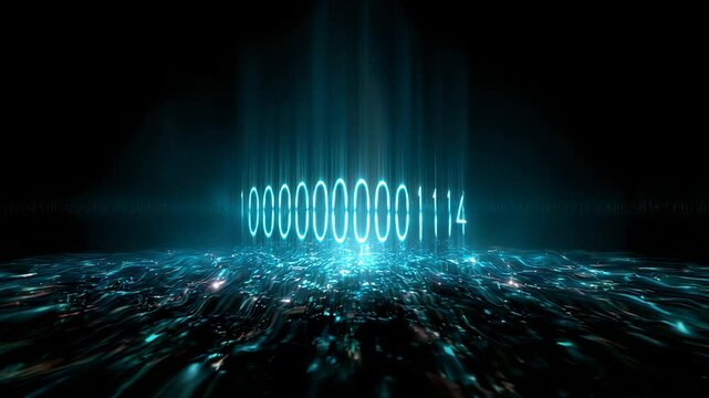 Abstract digital binary code sequence glowing with blue light floating on a dark technological surface.