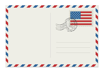 Blank post card with rubber stamp. Mockup realistic post card  and postage stamp with USA flag.