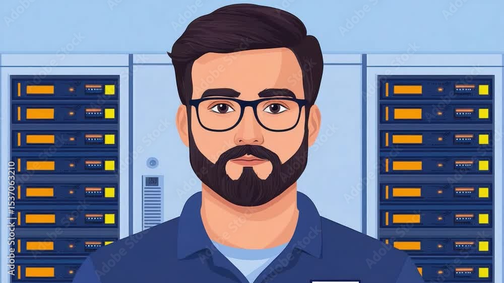 Poster confident it professional with glasses standing in front of server racks in a modern data center env