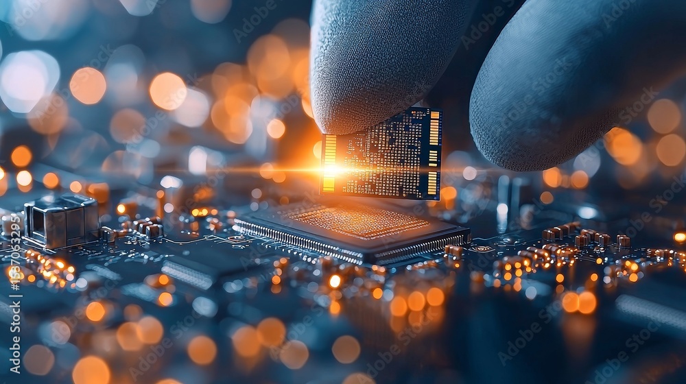 Poster technology innovation circuit board assembly in a modern lab close-up view high-tech environment