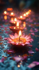 Diwali Lamps Floating with Flower Petals and Lit Flames for Festive Celebration
