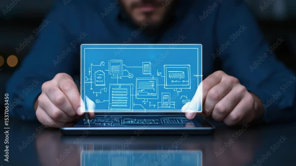 Poster hands typing on digital tablet with technical blueprint graphics visible in dark environment