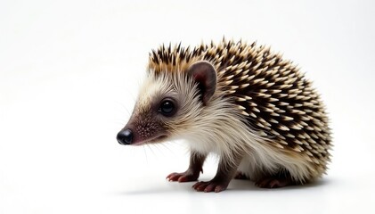Fototapeta premium A lone hedgehog, perfectly centered against a stark white backdrop, macro, wild