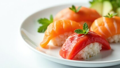 Close-up of assorted sushi on white background, sushi, white