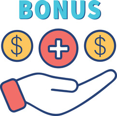 Fototapeta premium Bonus Reward with Hand and Dollar Coins Vector. hand offering bonus program plus symbols icon.