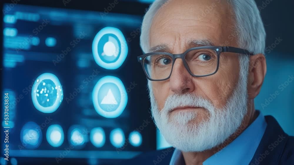 Poster mature man analyzing data on transparent display in modern office environment with futuristic techno
