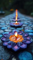 Candle Flames Glowing from Floral Holders Set on Stone Pathway