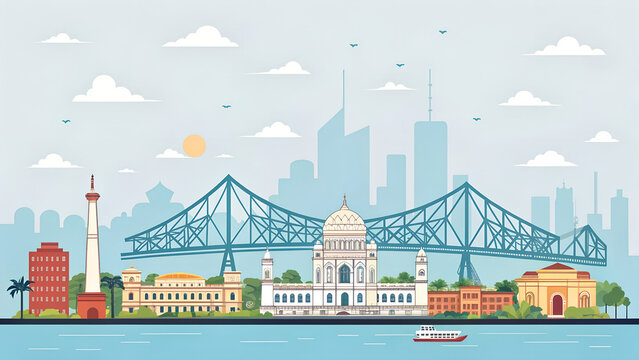 Kolkata skyline with Howrah bridge, flat vector generative ai
