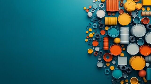 Colorful arrangement of various containers creative workspace graphic design modern art top-down view visual harmony