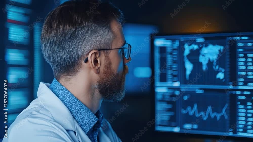 Poster focused scientist analyzing data in laboratory with digital screens and complex graphs in dark envir