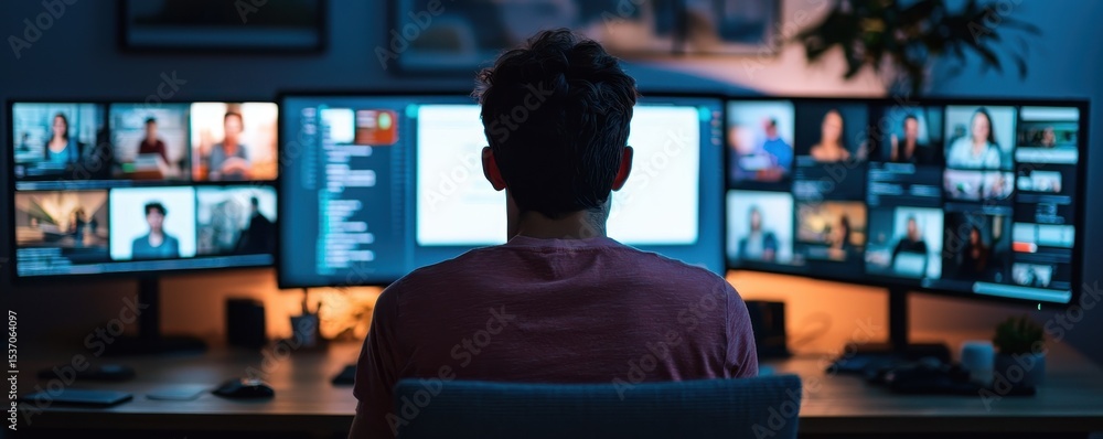 Poster a person monitors multiple screens displaying video calls and chat, suggesting a remote work or digi