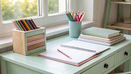 Pastel colored workspace with colorful pencils and notebooks on a background