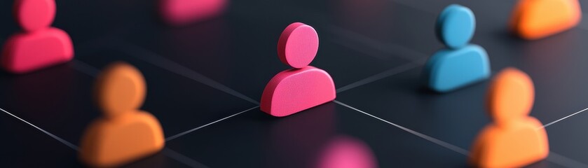 A pink figure stands out among orange and blue human icons connected by a network, symbolizing uniqueness and social connectivity.