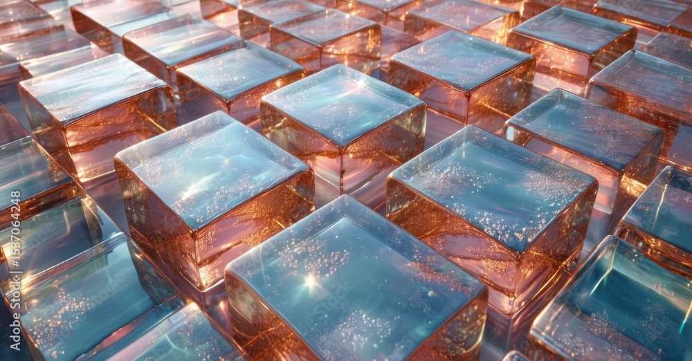 Poster Cubes create abstract pattern. Light reflects, refracts through translucent blocks. Warm, cool tones blend, forming digital landscape.