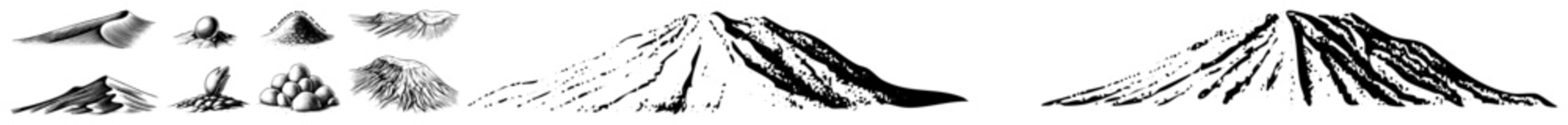 Vector Dramatic mountain peak illustrations showcase rugged terrain.