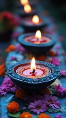 Illuminated oil lamps decorated with fresh flowers in a festive setting