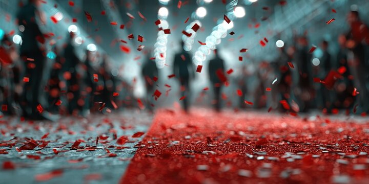 Maroon confetti falls on a red carpet during a festive event in an indoor venue at night with people celebrating