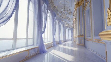 Fantasy palace corridor reacts to invisible music. Curtains shimmer in sync with distant harp notes. Sunlight bends like liquid through stained glass, forming dancing color waves on the floor