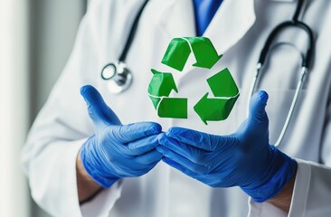 Doctor holds recycling symbol, a concept of sustainable health care
