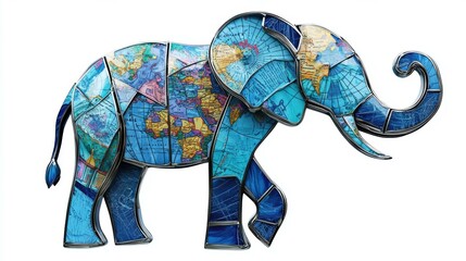 Obraz premium 3D Cartoon Elephant Holding Travel Maps with Metal Texture