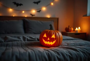 A carved pumpkin with a glowing orange face sits on a gray bedspread in a cozy bedroom decorated for Halloween.  Warm, soft light from string lights and candles illuminates the room