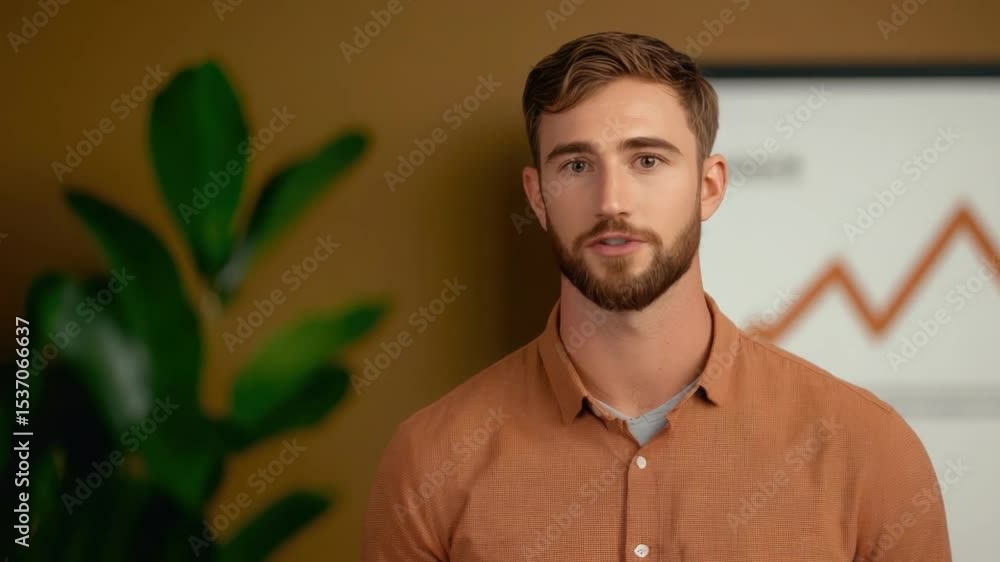 Poster young man with beard and casual shirt standing in front of business graph displaying growth on wall 