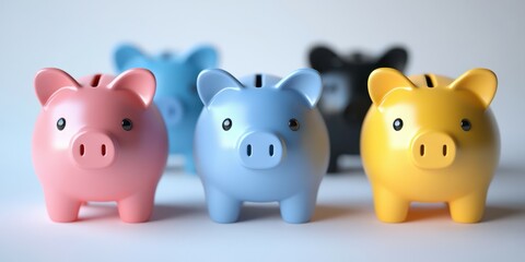 Colorful piggy banks arranged in a row showcasing various designs and hues suitable for teaching savings to children