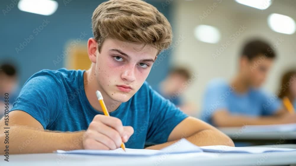 Aufkleber student with focused expression taking exam with pencil and paper in classroom filled with peers in 