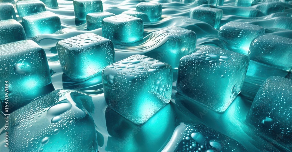 Aufkleber Luminous ice cubes float upon water surface. Droplets cling, creating cool, refreshing visual effect. Bright teal hues dominate scene.