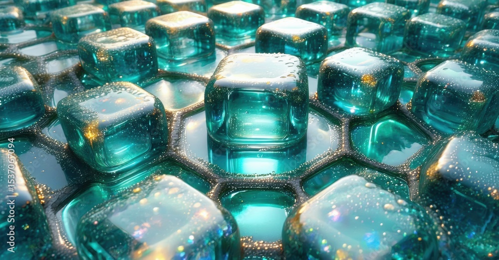 Poster hexagonal grid, translucent cubes, vibrant teal hues. light refracts, creating sparkling effects. de