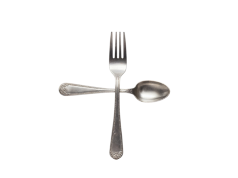 Silver spoon and fork cross design isolated on transparent background