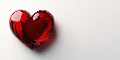 Bright red heart shape glass decoration reflecting light on a white background in a minimalist setting