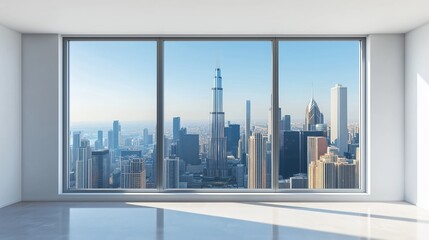 Bright white interior with large window view of high-rise city skyline. Perfect for real estate mockups, architecture designs, and lifestyle visuals