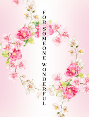 Watercolor cute gentle floral greeting card wreath with camellias and orchids in soft pink tones. Hand painted postcard cover or poster for mother, girlfriend, sister, for someone wonderful with text