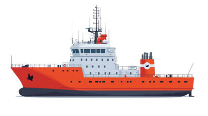 Obraz premium A digital illustration of a tugboat viewed from a side profile against a white background. The tugboat is primarily red with white superstructure and details. It features a prominent pilothouse,