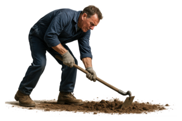 Farm laborer digging soil with hoe during fieldwork, isolated on transparent background